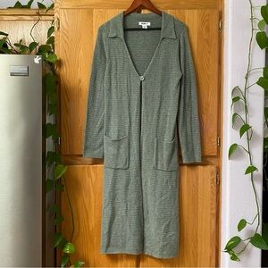 Boho neutral sage green cotton stretch collared long duster/cardigan w/ pockets
